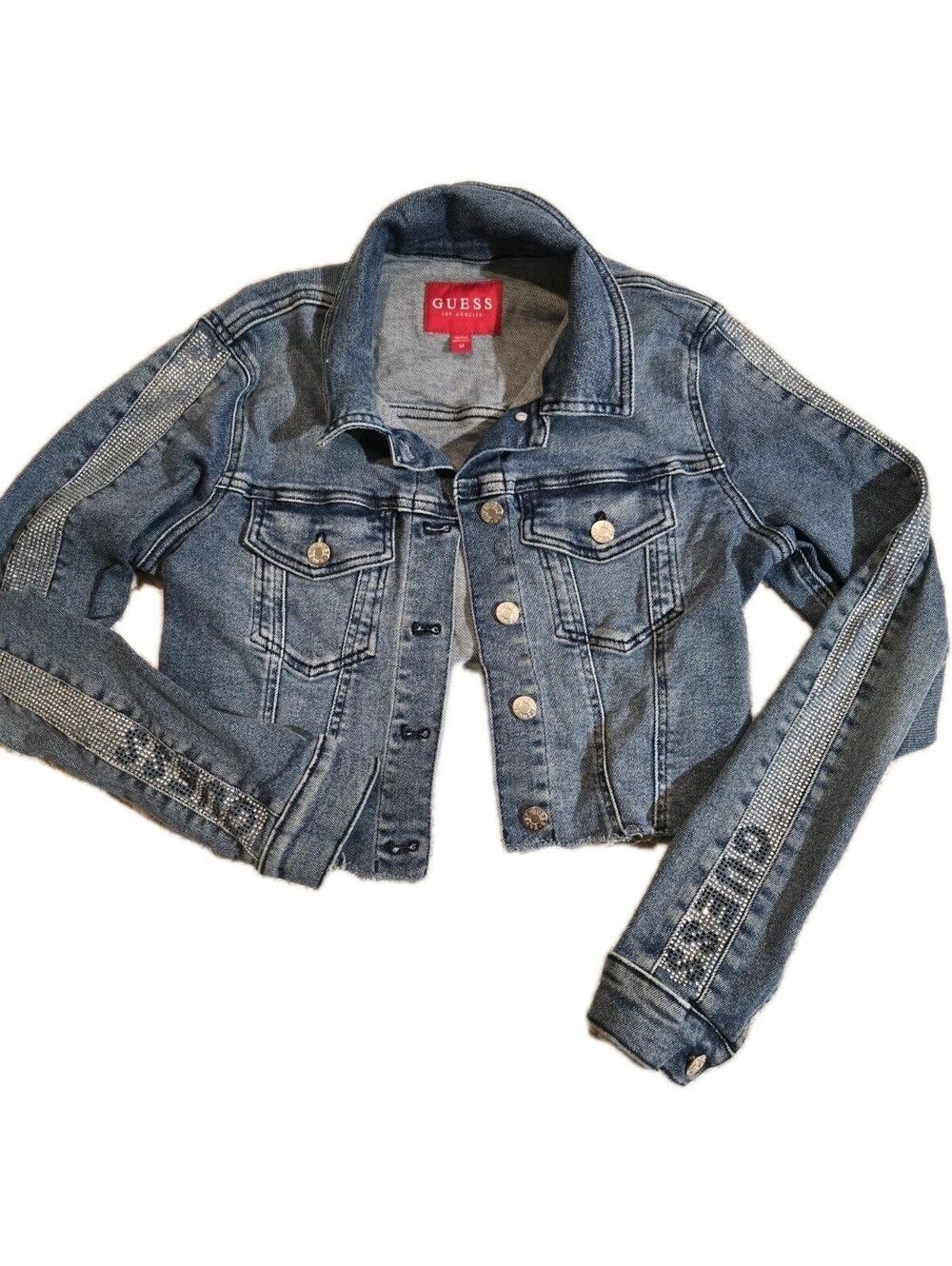 guess jacket women Sz M Trucker Style Cropped Bling Sleeves With Logo Stretch